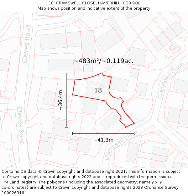 18, CRAMSWELL CLOSE, HAVERHILL, CB9 9QL: Plot and title map