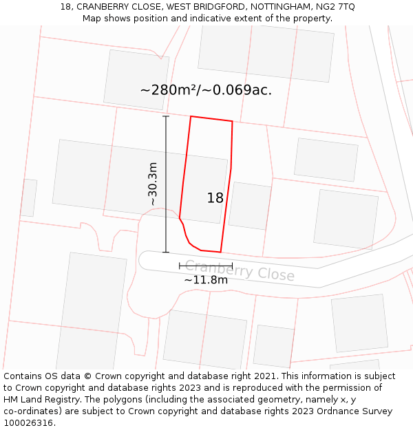 18, CRANBERRY CLOSE, WEST BRIDGFORD, NOTTINGHAM, NG2 7TQ: Plot and title map