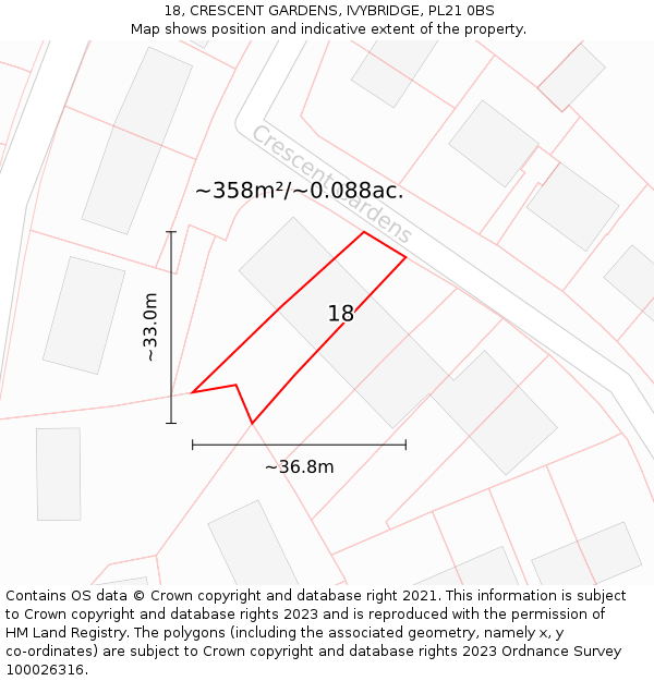 18, CRESCENT GARDENS, IVYBRIDGE, PL21 0BS: Plot and title map