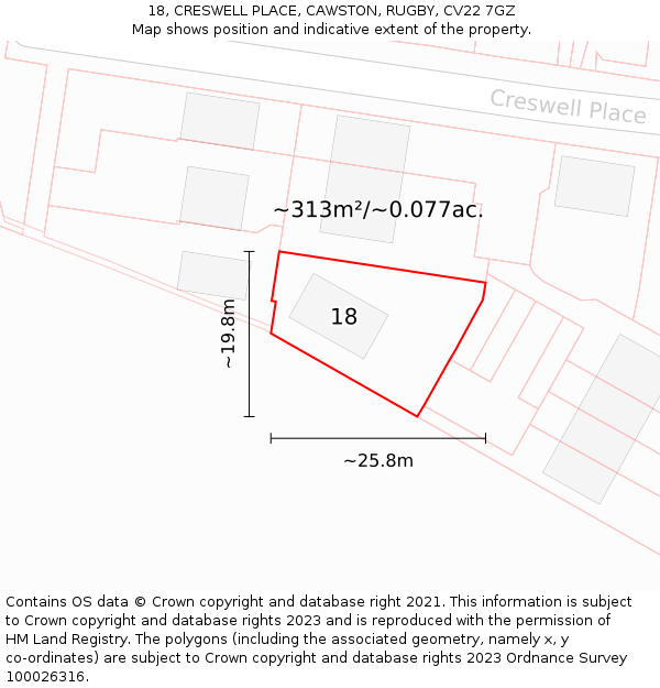 18, CRESWELL PLACE, CAWSTON, RUGBY, CV22 7GZ: Plot and title map