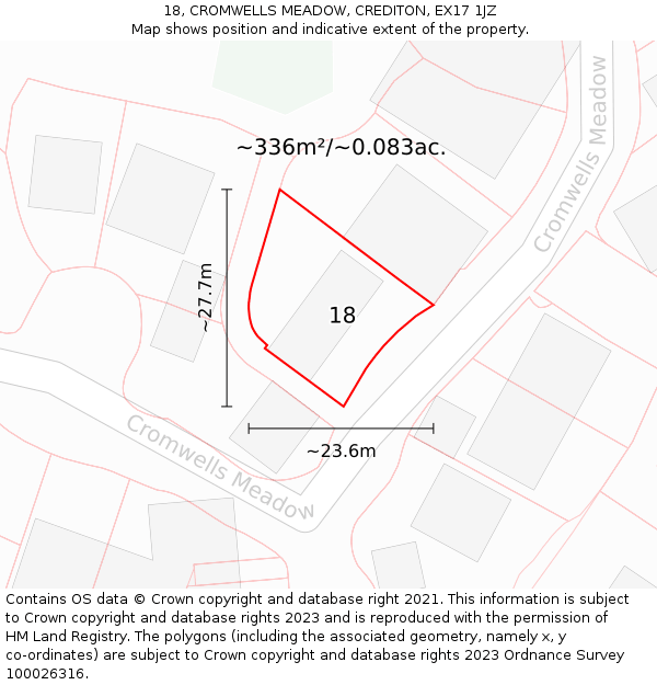 18, CROMWELLS MEADOW, CREDITON, EX17 1JZ: Plot and title map