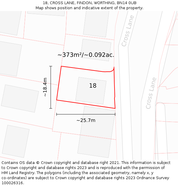 18, CROSS LANE, FINDON, WORTHING, BN14 0UB: Plot and title map