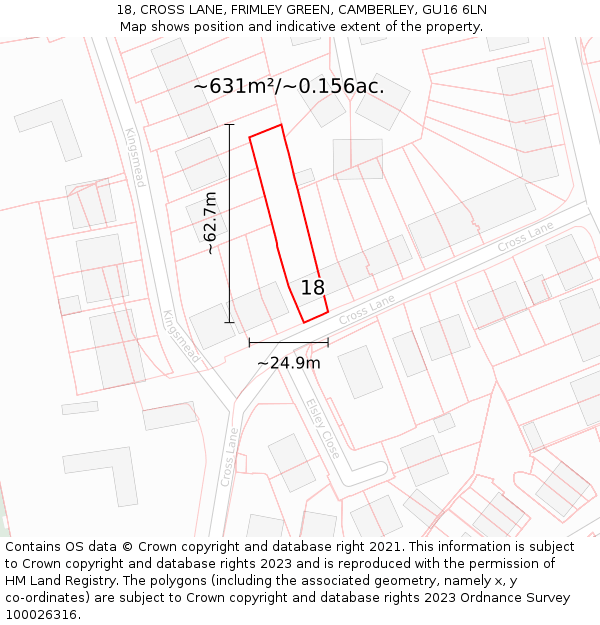 18, CROSS LANE, FRIMLEY GREEN, CAMBERLEY, GU16 6LN: Plot and title map