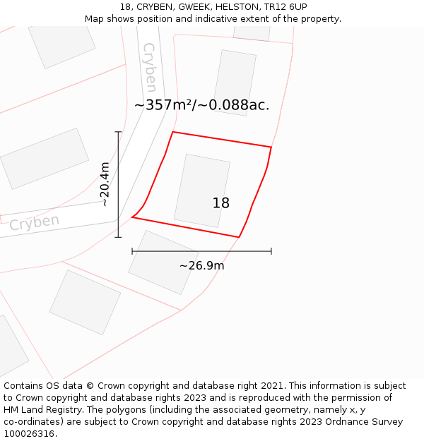 18, CRYBEN, GWEEK, HELSTON, TR12 6UP: Plot and title map