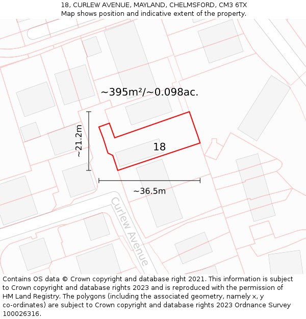 18, CURLEW AVENUE, MAYLAND, CHELMSFORD, CM3 6TX: Plot and title map