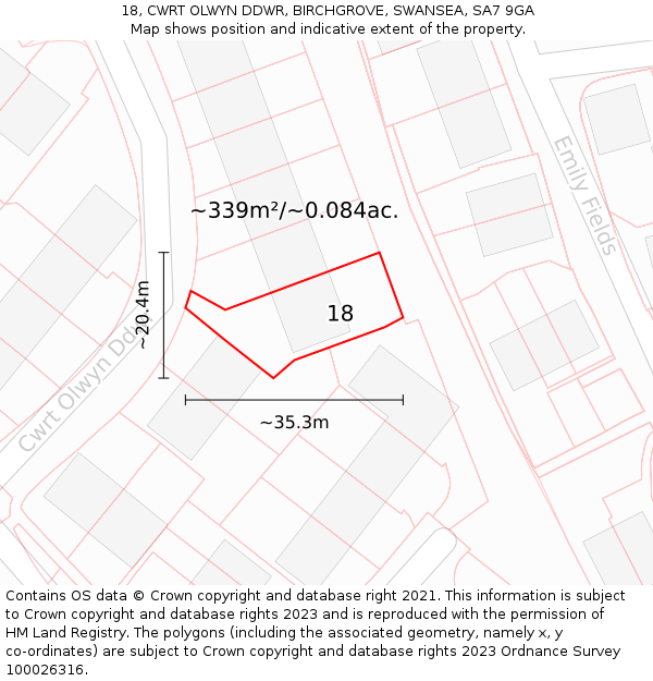 18, CWRT OLWYN DDWR, BIRCHGROVE, SWANSEA, SA7 9GA: Plot and title map