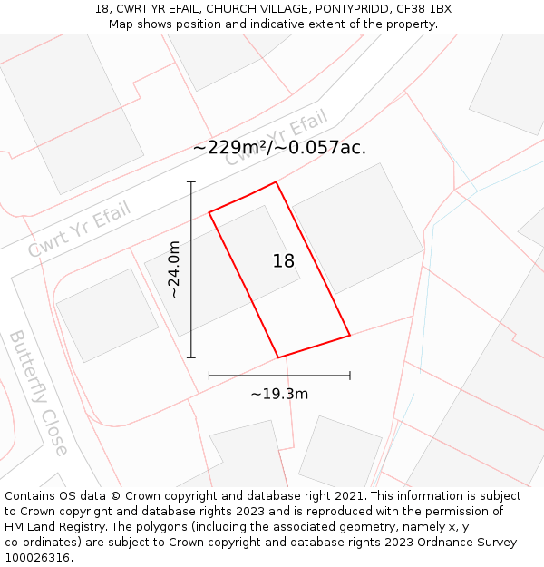 18, CWRT YR EFAIL, CHURCH VILLAGE, PONTYPRIDD, CF38 1BX: Plot and title map