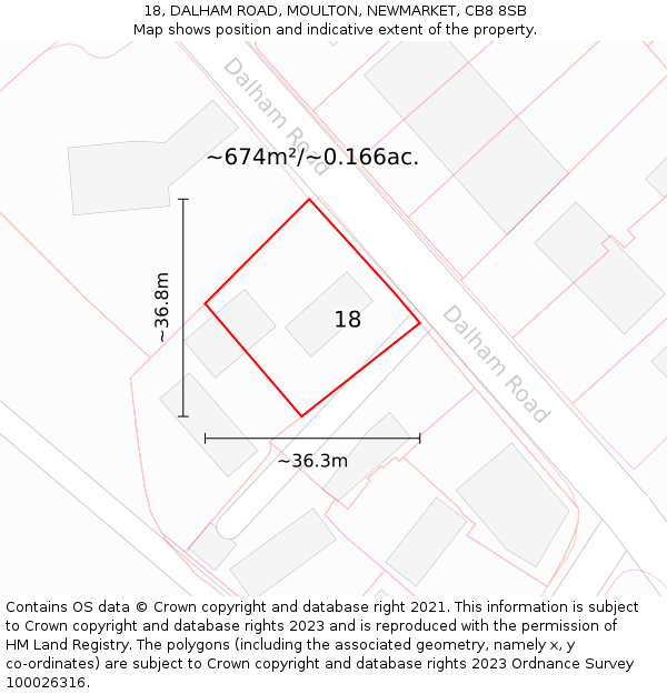 18, DALHAM ROAD, MOULTON, NEWMARKET, CB8 8SB: Plot and title map