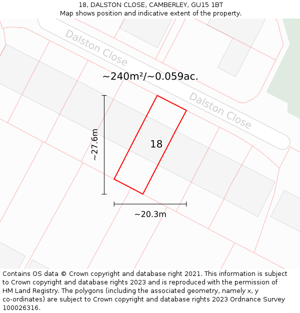 18, DALSTON CLOSE, CAMBERLEY, GU15 1BT: Plot and title map