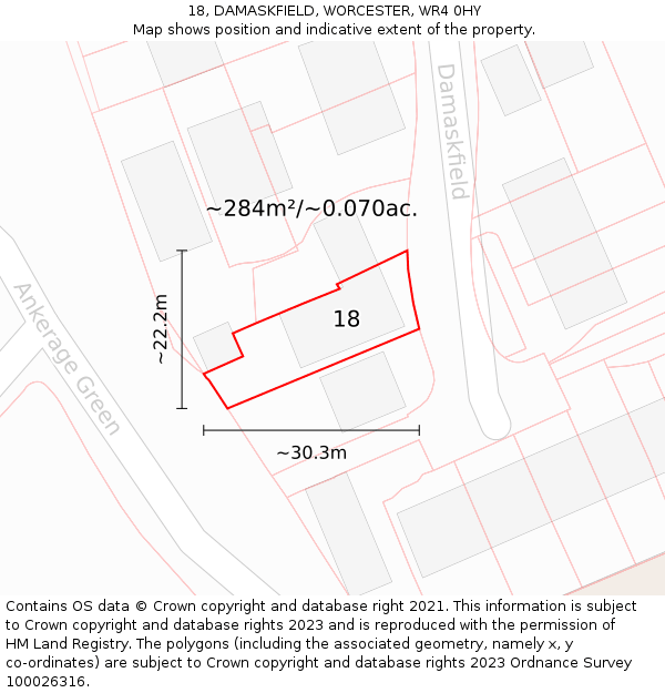 18, DAMASKFIELD, WORCESTER, WR4 0HY: Plot and title map