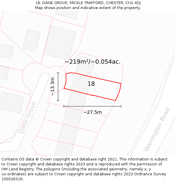 18, DANE GROVE, MICKLE TRAFFORD, CHESTER, CH2 4DJ: Plot and title map