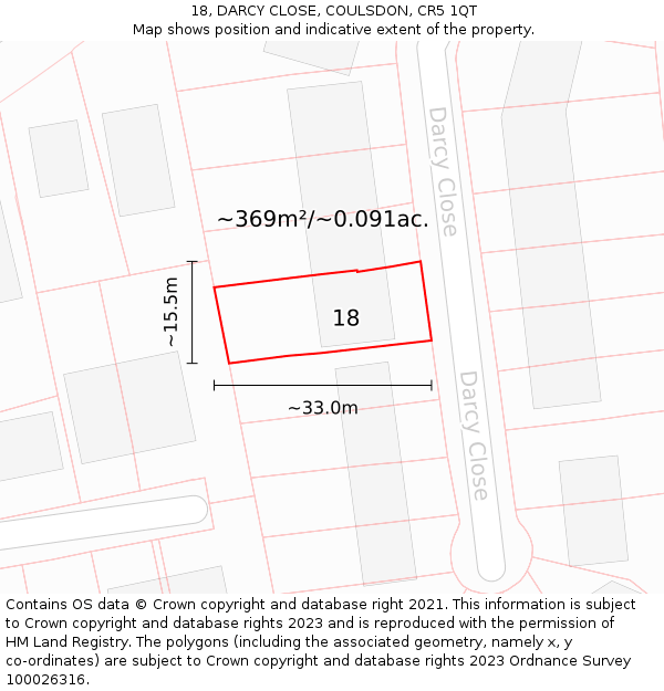 18, DARCY CLOSE, COULSDON, CR5 1QT: Plot and title map