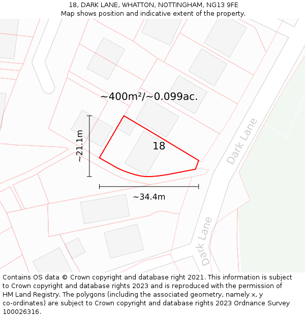 18, DARK LANE, WHATTON, NOTTINGHAM, NG13 9FE: Plot and title map