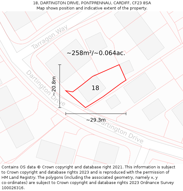 18, DARTINGTON DRIVE, PONTPRENNAU, CARDIFF, CF23 8SA: Plot and title map