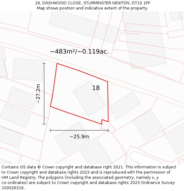 18, DASHWOOD CLOSE, STURMINSTER NEWTON, DT10 1PF: Plot and title map