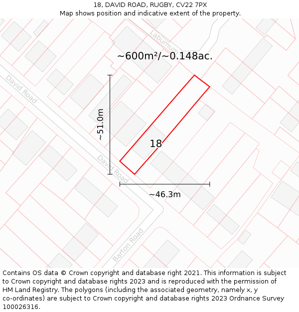 18, DAVID ROAD, RUGBY, CV22 7PX: Plot and title map