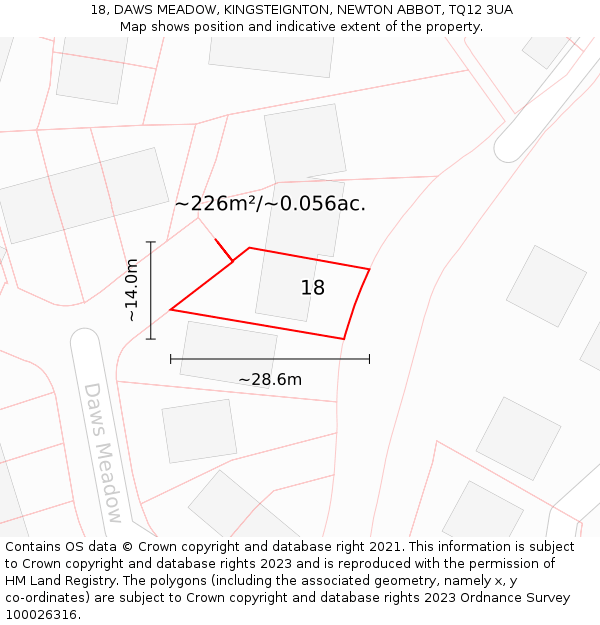 18, DAWS MEADOW, KINGSTEIGNTON, NEWTON ABBOT, TQ12 3UA: Plot and title map
