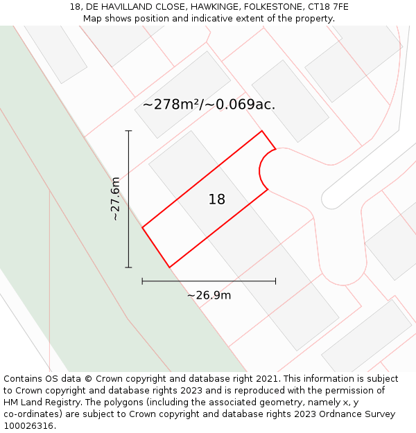 18, DE HAVILLAND CLOSE, HAWKINGE, FOLKESTONE, CT18 7FE: Plot and title map