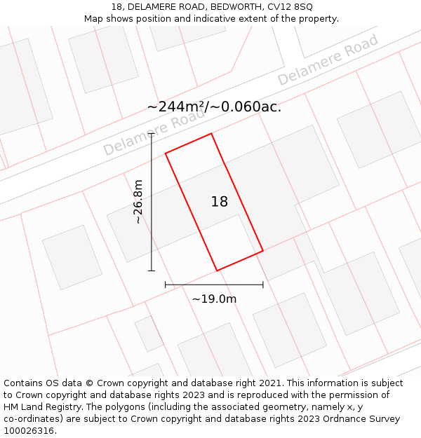 18, DELAMERE ROAD, BEDWORTH, CV12 8SQ: Plot and title map