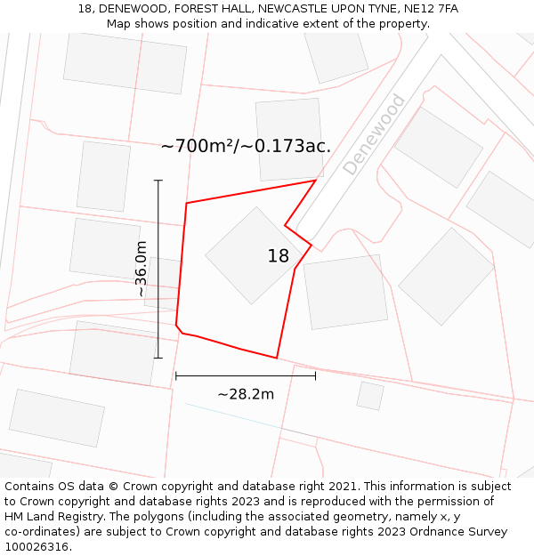 18, DENEWOOD, FOREST HALL, NEWCASTLE UPON TYNE, NE12 7FA: Plot and title map