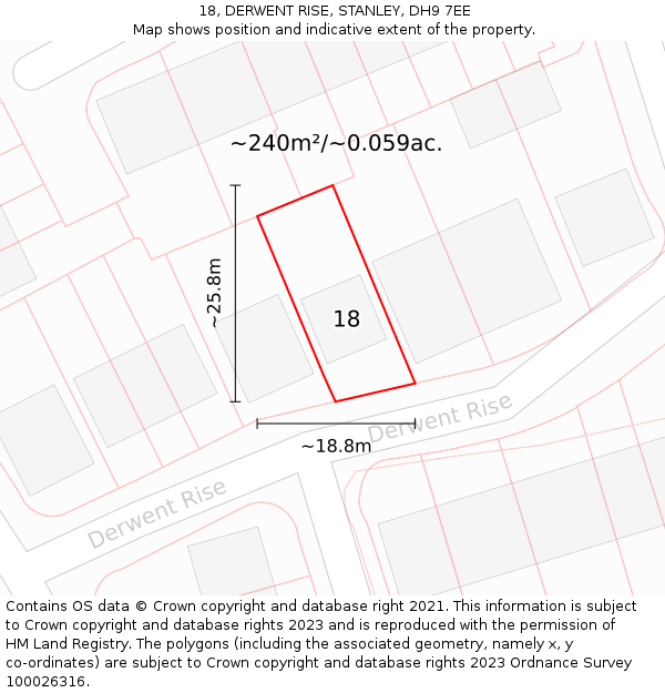 18, DERWENT RISE, STANLEY, DH9 7EE: Plot and title map
