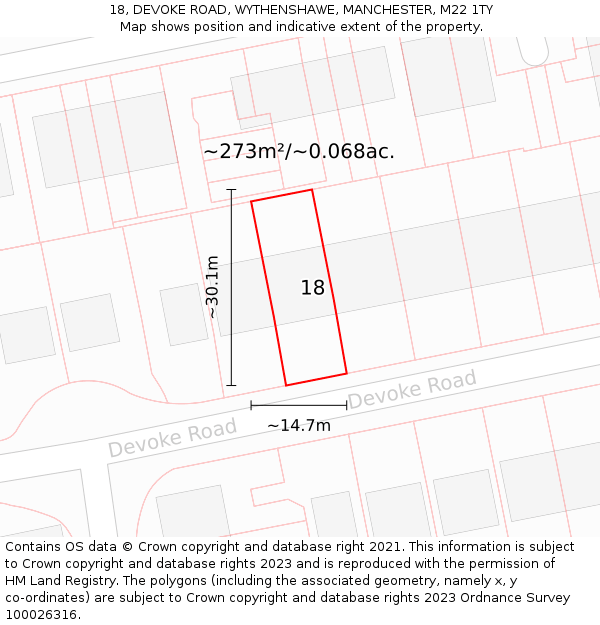 18, DEVOKE ROAD, WYTHENSHAWE, MANCHESTER, M22 1TY: Plot and title map