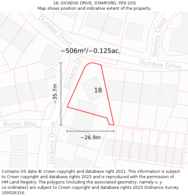 18, DICKENS DRIVE, STAMFORD, PE9 2GS: Plot and title map