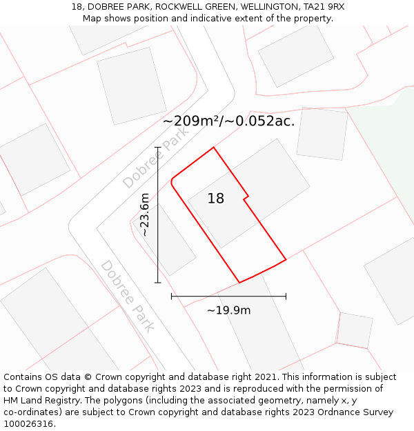 18, DOBREE PARK, ROCKWELL GREEN, WELLINGTON, TA21 9RX: Plot and title map