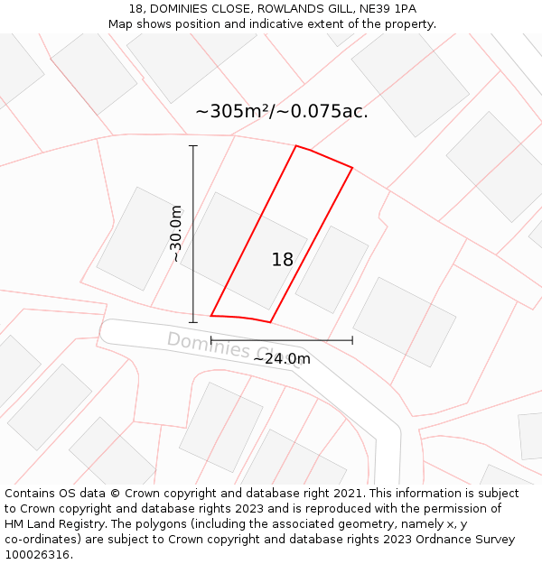 18, DOMINIES CLOSE, ROWLANDS GILL, NE39 1PA: Plot and title map