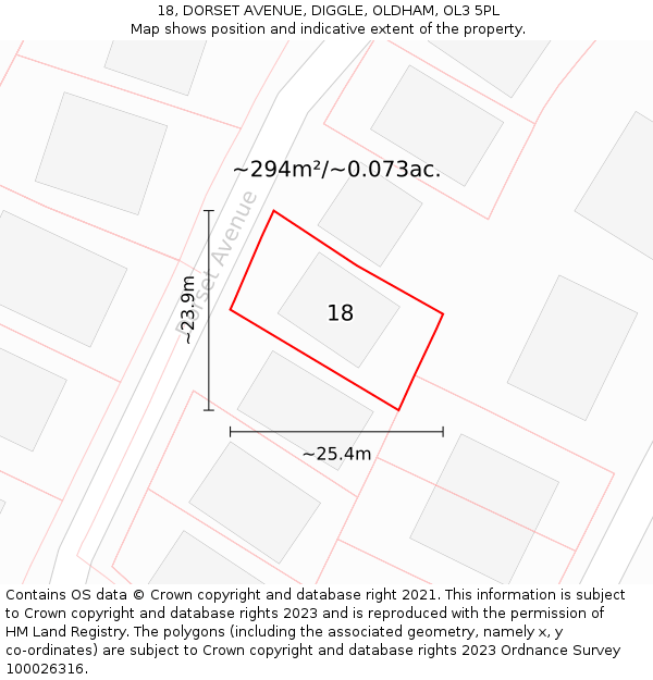 18, DORSET AVENUE, DIGGLE, OLDHAM, OL3 5PL: Plot and title map