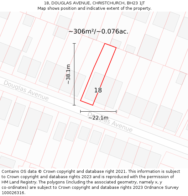 18, DOUGLAS AVENUE, CHRISTCHURCH, BH23 1JT: Plot and title map