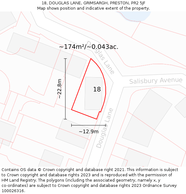 18, DOUGLAS LANE, GRIMSARGH, PRESTON, PR2 5JF: Plot and title map