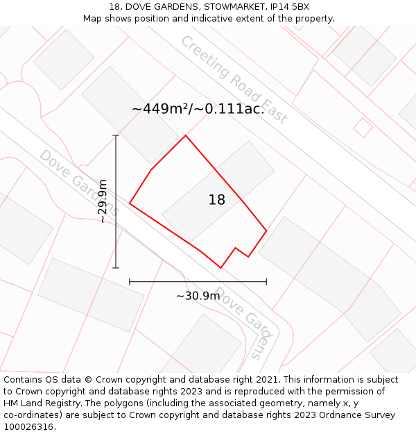18, DOVE GARDENS, STOWMARKET, IP14 5BX: Plot and title map