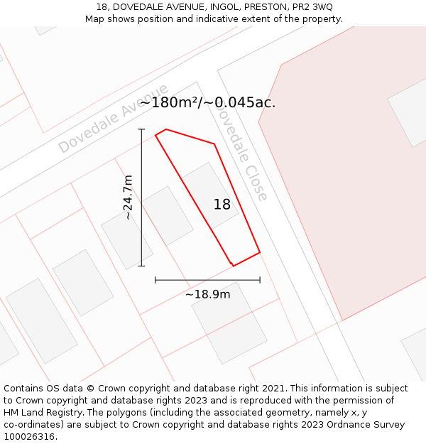 18, DOVEDALE AVENUE, INGOL, PRESTON, PR2 3WQ: Plot and title map