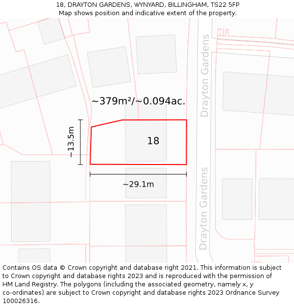 18, DRAYTON GARDENS, WYNYARD, BILLINGHAM, TS22 5FP: Plot and title map