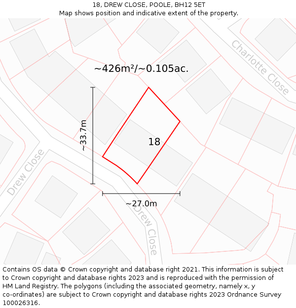 18, DREW CLOSE, POOLE, BH12 5ET: Plot and title map