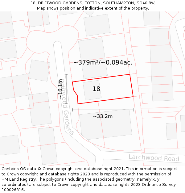 18, DRIFTWOOD GARDENS, TOTTON, SOUTHAMPTON, SO40 8WJ: Plot and title map