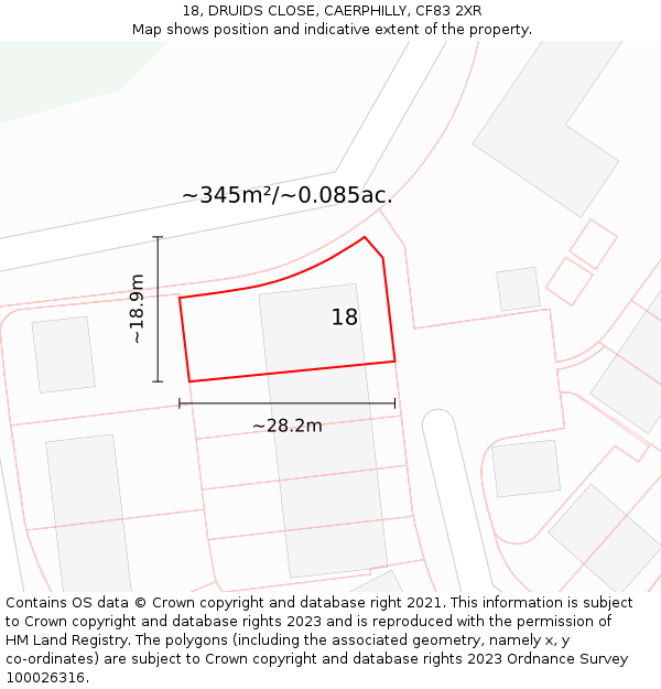 18, DRUIDS CLOSE, CAERPHILLY, CF83 2XR: Plot and title map