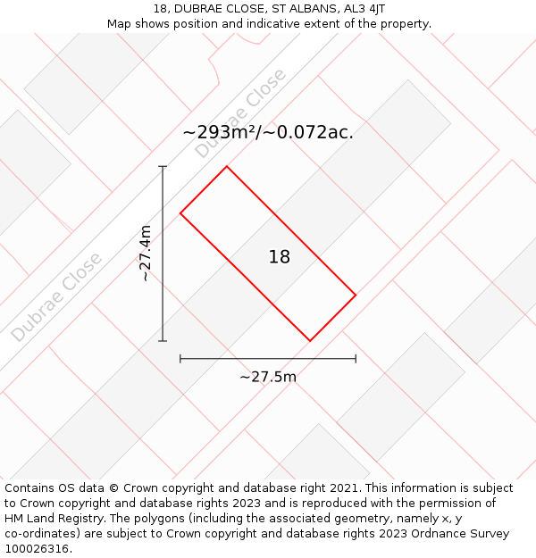 18, DUBRAE CLOSE, ST ALBANS, AL3 4JT: Plot and title map