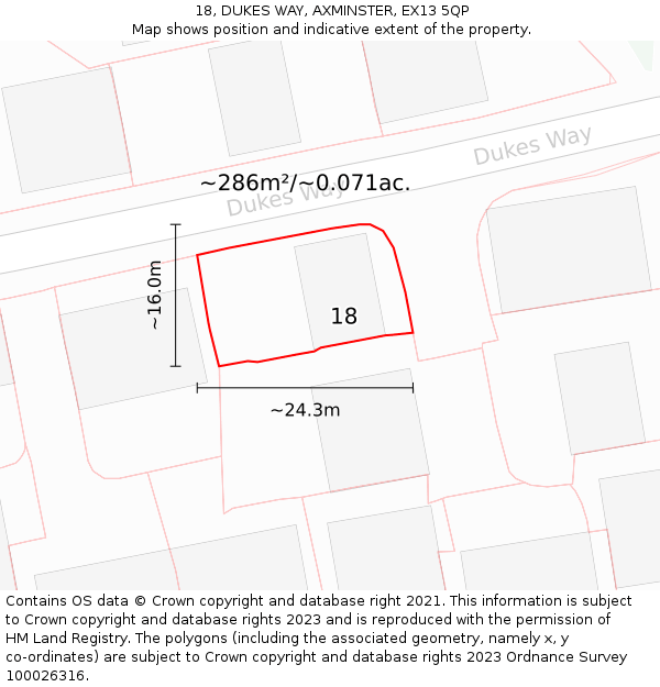 18, DUKES WAY, AXMINSTER, EX13 5QP: Plot and title map