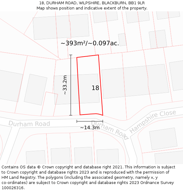 18, DURHAM ROAD, WILPSHIRE, BLACKBURN, BB1 9LR: Plot and title map