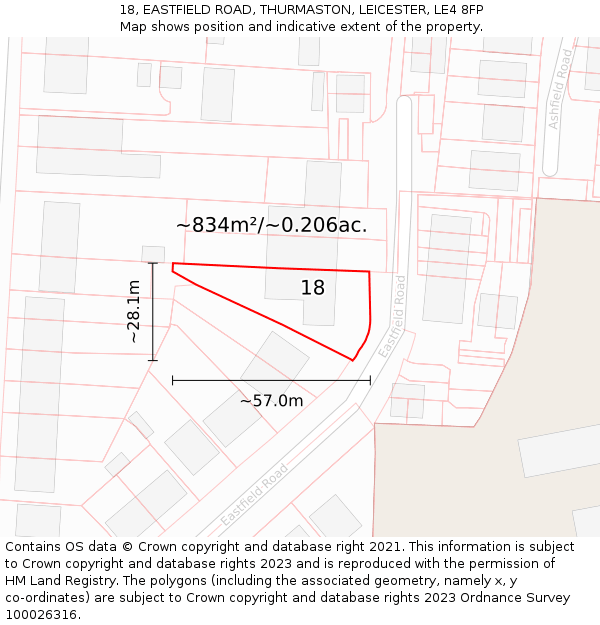 18, EASTFIELD ROAD, THURMASTON, LEICESTER, LE4 8FP: Plot and title map