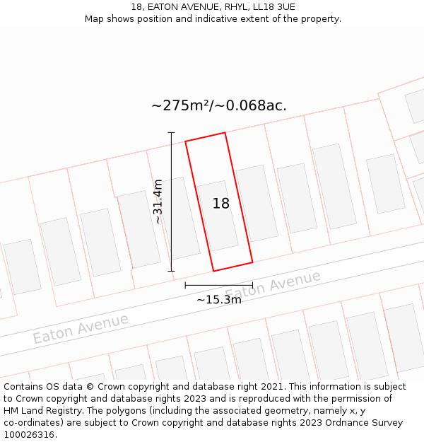 18, EATON AVENUE, RHYL, LL18 3UE: Plot and title map