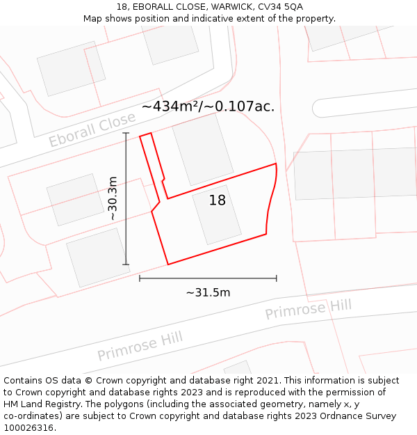 18, EBORALL CLOSE, WARWICK, CV34 5QA: Plot and title map