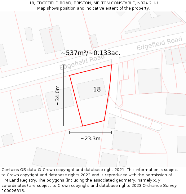 18, EDGEFIELD ROAD, BRISTON, MELTON CONSTABLE, NR24 2HU: Plot and title map