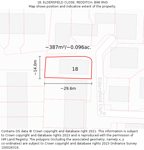 18, ELDERSFIELD CLOSE, REDDITCH, B98 9NG: Plot and title map