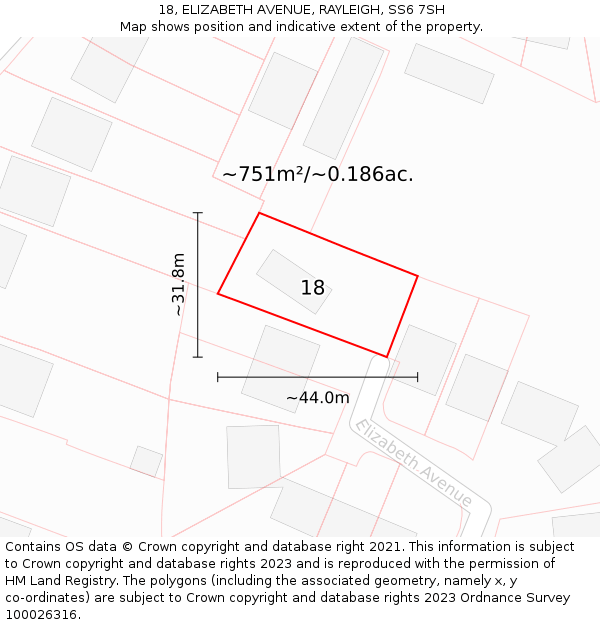 18, ELIZABETH AVENUE, RAYLEIGH, SS6 7SH: Plot and title map