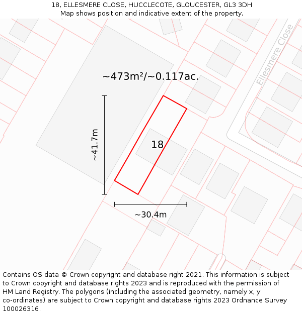 18, ELLESMERE CLOSE, HUCCLECOTE, GLOUCESTER, GL3 3DH: Plot and title map