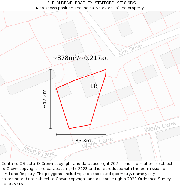 18, ELM DRIVE, BRADLEY, STAFFORD, ST18 9DS: Plot and title map