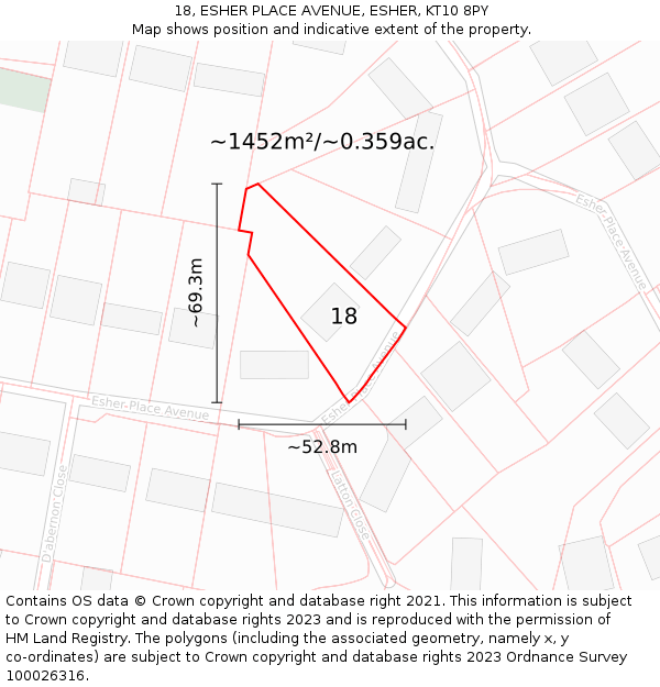 18, ESHER PLACE AVENUE, ESHER, KT10 8PY: Plot and title map